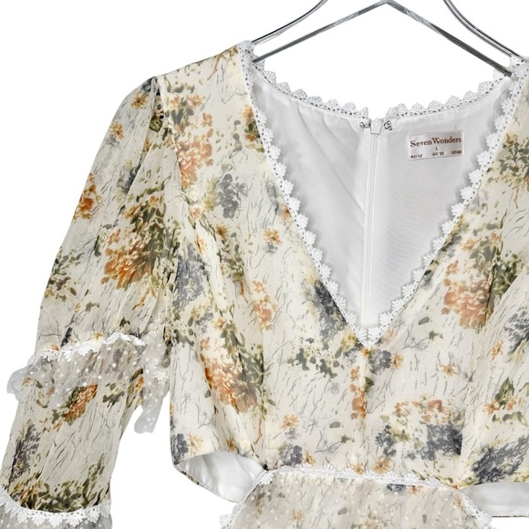Seven Wonders Floral Ruffle Layered Women’s Cutout Long Sleeve Dress Sz L - Picture 4 of 13